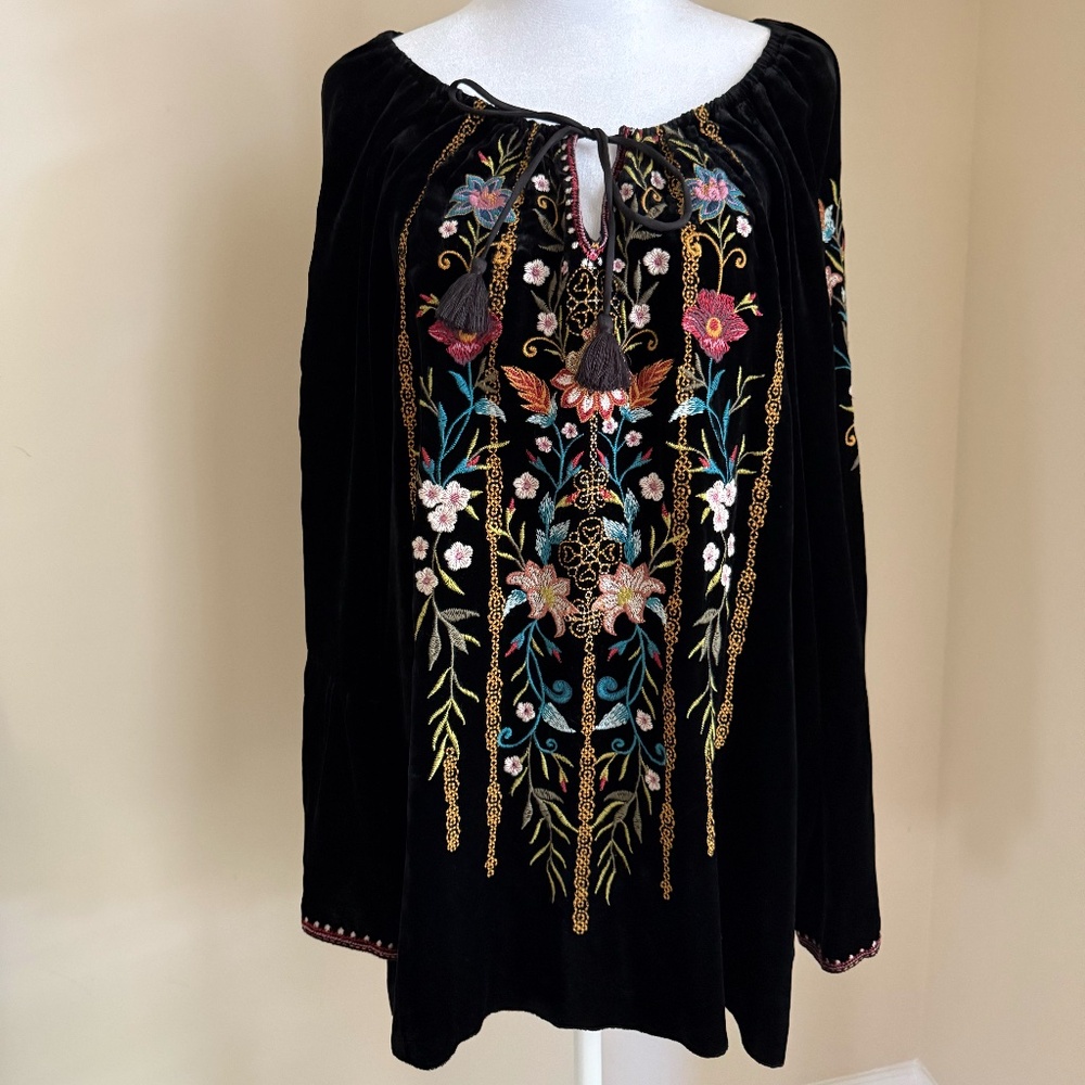Johnny Was Esther Velvet Embroidered Long Flare Sleeve Oversized Blouse